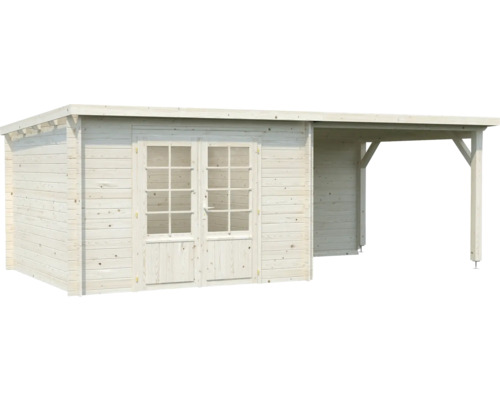 Trädgårdshus i trä med dubbeldörr och sidotak