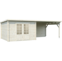 Attefallshus PALMAKO Ella 8,7+10,0 m² inkl. skyddstak med bakvägg 662x300cm natur