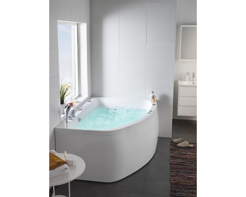 Massagebadkar HAFA Aqua 160L Duo Upgrade vit slät vänsterutförande 1166x1550 mm Badrum med bubbelbad, tvättställ och fönster för en ljus atmosfär