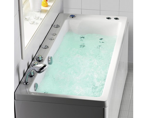 Massagebadkar HAFA Lime 160SQ vit slät inkl front och en gavel 700x1575 mm Bubbelbad med vatten, armatur och reglage i badrummet