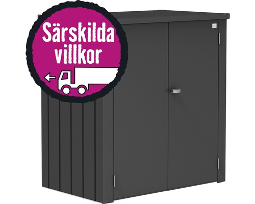 Metallförråd med dubbeldörr och leveranssymbol