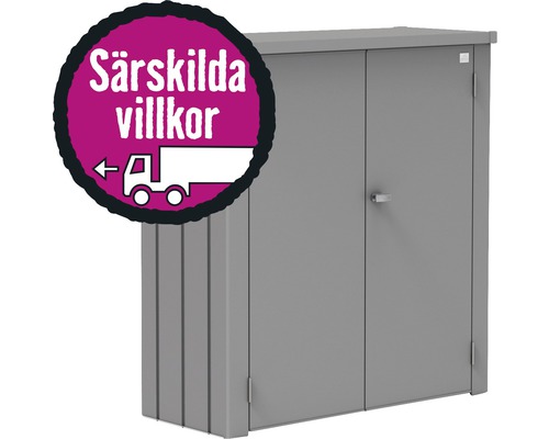 Metall trädgårdsskåp med dubbeldörr och symbol för särskilda villkor