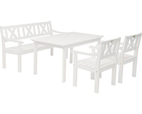 Trädgårdsset bestående av ett bord, en bänk och två stolar
