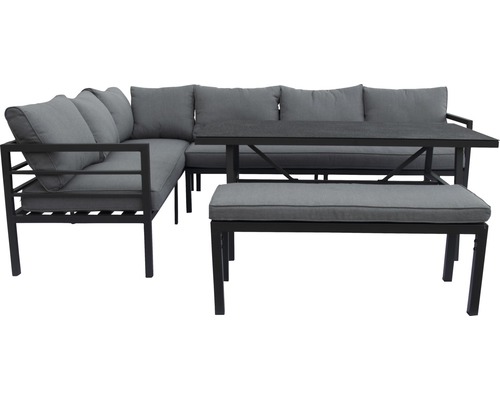 Trädgårdsmöbelset med hörnsoffa, bord och bänk