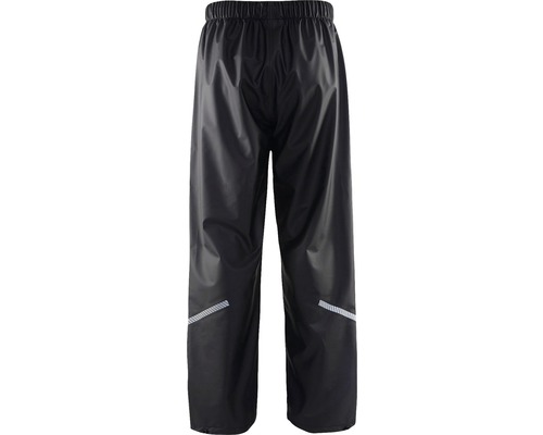 Svarta regnbyxor med elastisk midja och reflexdetaljer.