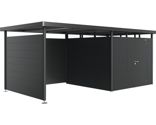 Metallredskapsbod med platt tak och dörr