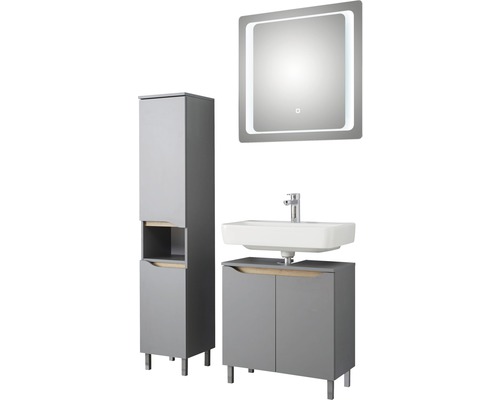 Badrumsset med tvättställsskåp, tvättställ, spegelskåp och högskåp