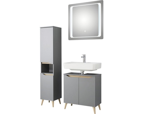 Badrumsmöbel med tvättställsskåp, tvättställ, spegelskåp och högskåp