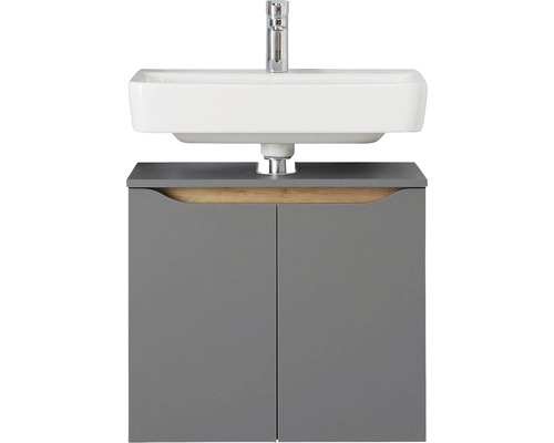 Tvättställ med grått underskåp och vitt handfat