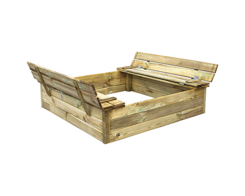 Sandlåda i trä med fällbara bänkar