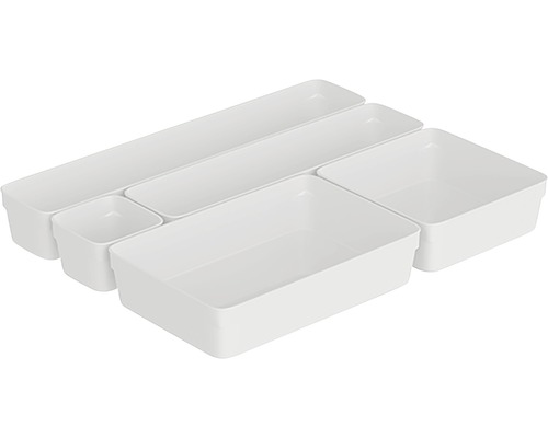 Set med fem lådorganisatörer i plast