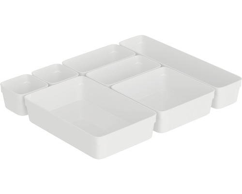 Set med sju vita plastlådorganiserare.