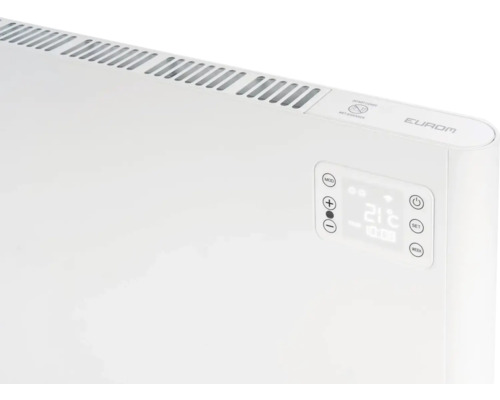 Detaljvy av ett vitt element med digital display från Eurom