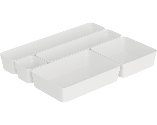 Lådorganisatörset med fem vita plastbehållare