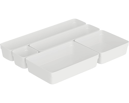 Set med fem vita lådorganisatörer i plast
