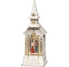 Dekorativ kyrka med sjungande figurer och snöfallsfunktion som juldekoration