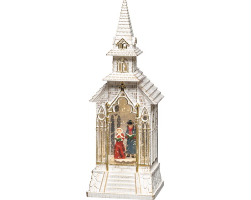 Dekorativ kyrka med sjungande figurer och snöfallsfunktion som juldekoration