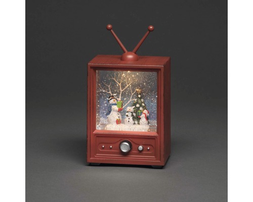 Dekorativ snöglob med snögubbemotiv i form av en tv