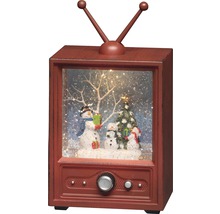 Snöglob i form av en TV med snögubbe, julgran och belysning