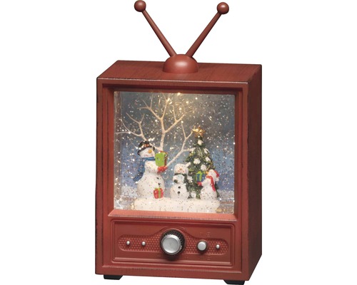 Snöglob i form av en TV med snögubbe, julgran och belysning