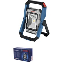 Bosch logotyp, byggstrålkastare med bärhandtag och produktförpackning