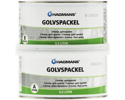 Hagmans logotyp, två behållare golvspackel med 0,3 liter vardera