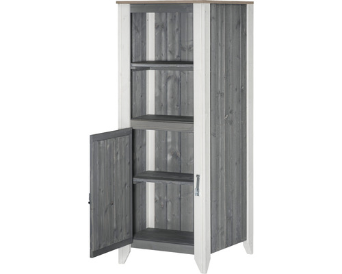 Träskåp med hyllor och en öppen dörr