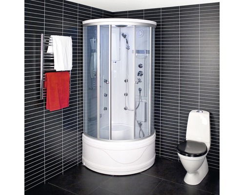 Duschkabin ARROW 6007 antracit ljus klarglas 92x92 cm LED-belysning 7390501 Badrum med duschkabin, handdukstork och toalett.