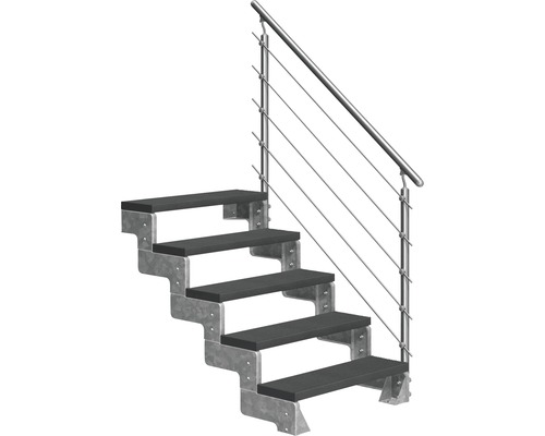 Utomhustrappa PERTURA Tallis antracit med Prova-trappräcke 5 steg Trimax 100cm Trappa med stålvangstycken och räcke i rostfritt stål