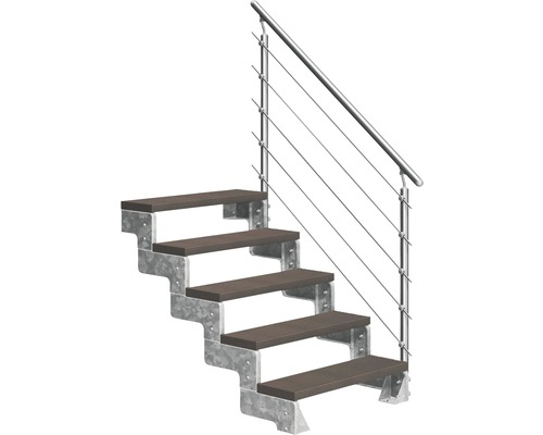 Utomhustrappa PERTURA Tallis mörkbrun med Prova-trappräcke 5 steg Trimax 100cm Trappa med metallram och trätsteg plus räcke med stålkablar