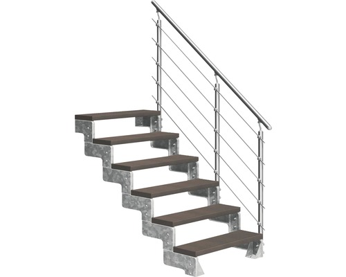 Utomhustrappa PERTURA Tallis mörkbrun med Prova-trappräcke 6 steg Trimax 100cm Trappa med trästeg och metallräcke
