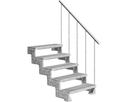 Utomhustrappa PERTURA Tallis metall med trappräcke 5 steg gallerdurk 100cm Metalltrappa med räcke för utomhusbruk