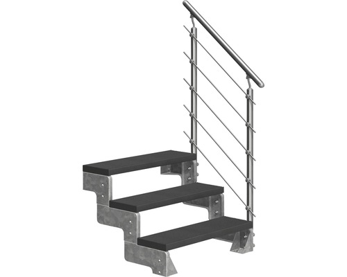 Utomhustrappa PERTURA Tallis antracit med Prova-trappräcke 3 steg Trimax 80cm Trappa med tre steg och rostfritt stålräcke