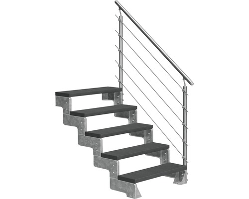 Utomhustrappa PERTURA Tallis antracit med Prova-trappräcke 5 steg Trimax 80cm Trappa med metallräcke och mörka trappsteg