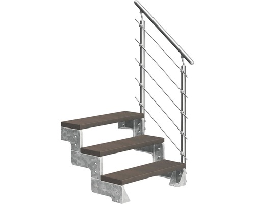 Utomhustrappa PERTURA Tallis mörkbrun med Prova-trappräcke 3 steg Trimax 80cm Utomhustrappa med tre steg och räcke med rostfria vajrar