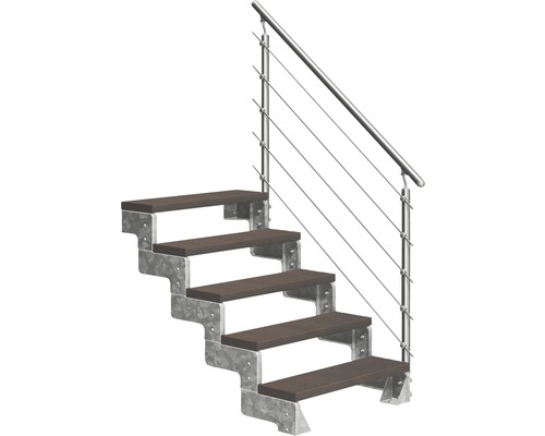 Utomhustrappa PERTURA Tallis mörkbrun med Prova-trappräcke 5 steg Trimax 80cm Trappa med trätrappsteg och metallräcke