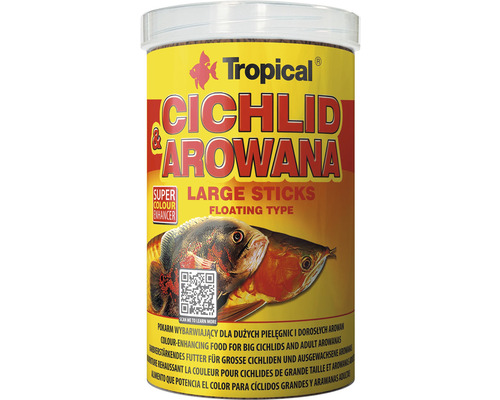 Fiskfoder TROPICAL Cichlid Arowana large sticks 1L Tropical Cichlid och Arowana fiskfoder, stora pinnar i en burk