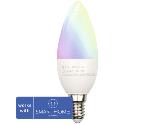 Kronljus FLAIR ViYu LED E14 6W(40W) 470lm 1800-6500K RGWB flerfärgad - kompatibel med SMART HOME by hornbach Kronljus FLAIR ViYu LED E14 6W(40W) 470lm 1800-6500K RGWB flerfärgad - kompatibel med SMART HOME by hornbach