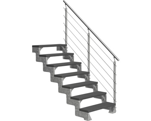 Utomhustrappa PERTURA Tallis antracit med Prova-trappräcke 7 steg Trimax 100cm Trappa med stålvangstycken och räcke med rostfria vajrar