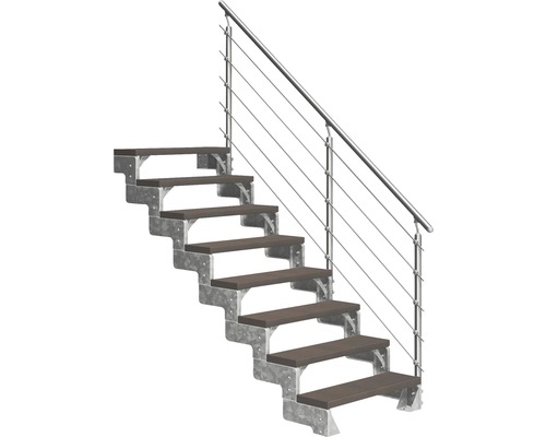 Utomhustrappa PERTURA Tallis mörkbrun med Prova-trappräcke 8 steg Trimax 100cm Trappa med trätrappsteg och metallräcke
