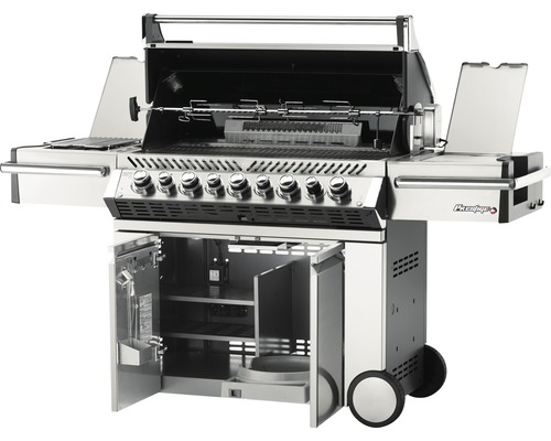 Gasolgrill med öppet lock och underskåpsdörrar