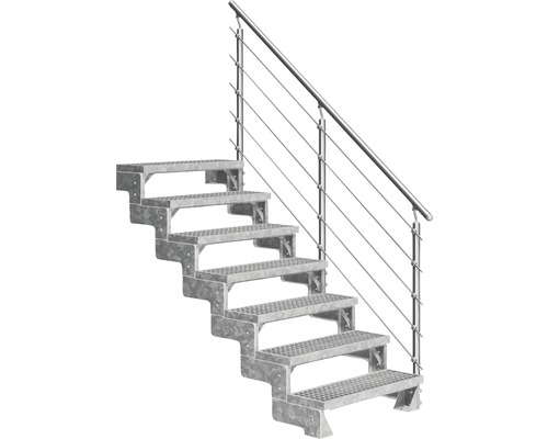 Utomhustrappa PERTURA Tallis metall med Prova-trappräcke 7 steg gallerdurk 80cm Metalltrappa med räcke