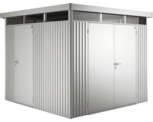 Metallförråd med dubbeldörr och enkel dörr för trädgårdsredskap