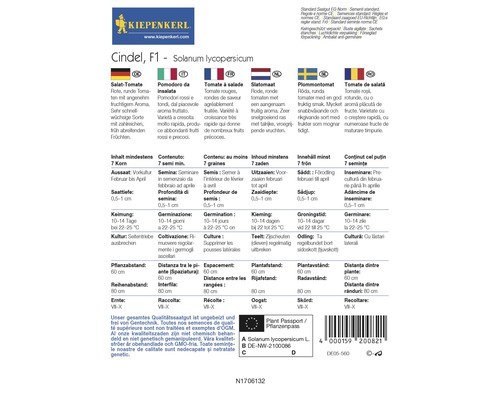 Fröpåse Cindel F1 Solanum lycopersicum med information om sådd, sådjup, groning, odling, plantavstånd, radavstånd och skörd