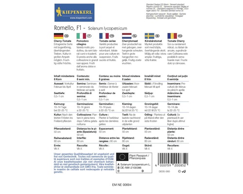 Romello F1 körsbärstomatfröpaket med information om odling och skörd