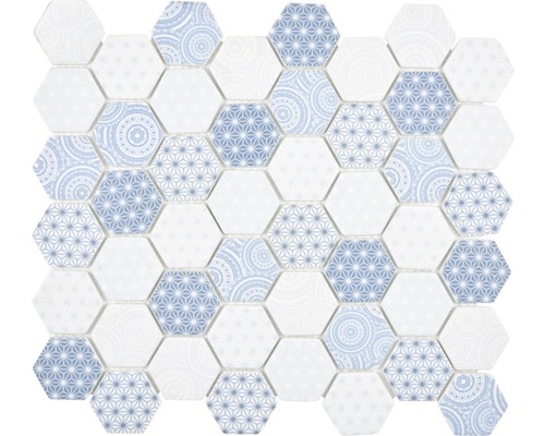 Mosaik glas Hexagon emily HX45 blå matt 32,4x28 cm Mosaikplatta med hexagonalt mönster