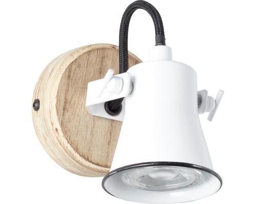 Vägglampa med träfot och justerbart, vitt lamphuvud
