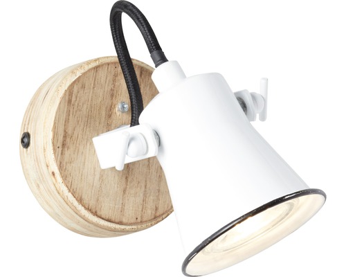 Vit vägglampa med träsockel och svart kabel