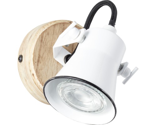 Vägglampa med träsockel och vit lampskärm