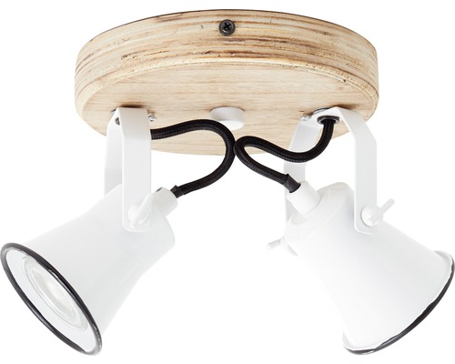 Taklampa med två spotlights, träsockel och vita lampskärmar